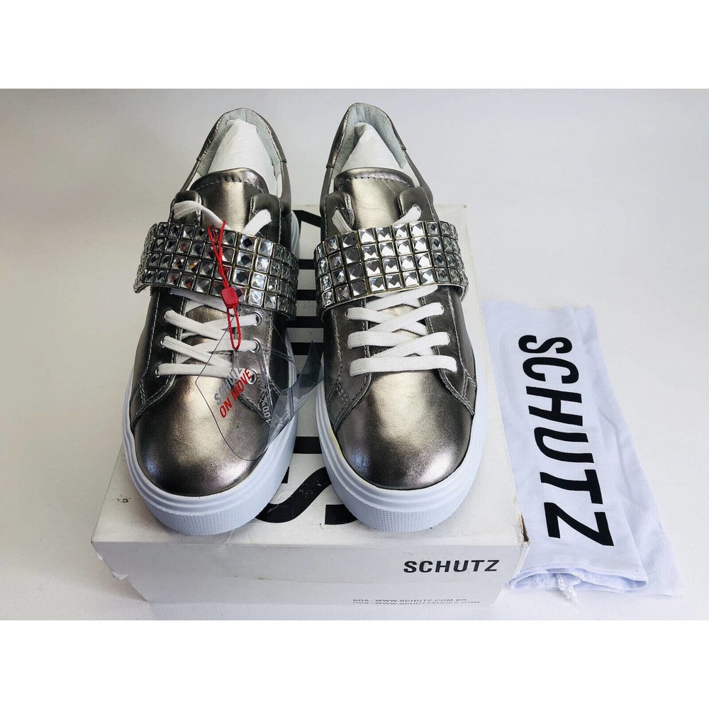 Schutz Maiva Metallic Leather Crystal Embellished Lace Up Sneakers Womens‎ 6.5B